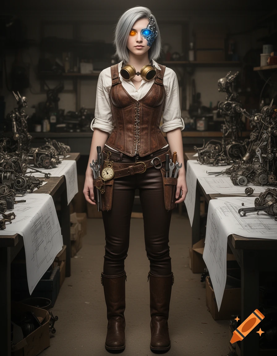 A white-haired woman with an amber eye and a blue mechanical eye stands in a steampunk workshop, wearing a leather corset, pants, and tool belt.
