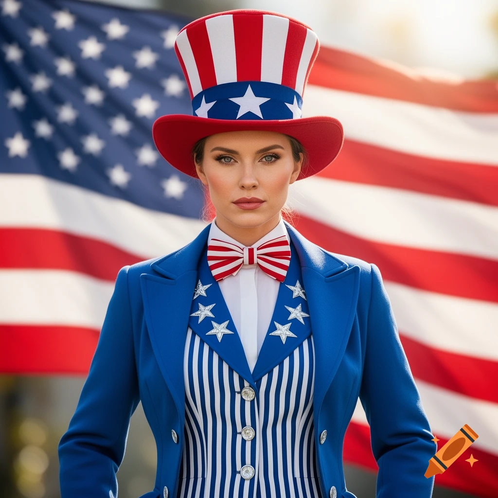 A woman dressed as Uncle Sam in a patriotic red, white, and blue costume, standing against an American flag background.
