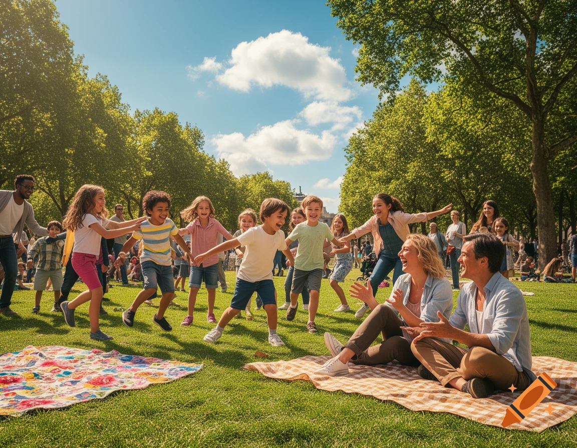Children and adults joyfully playing and picnicking in a sunny park with green grass and lush trees.