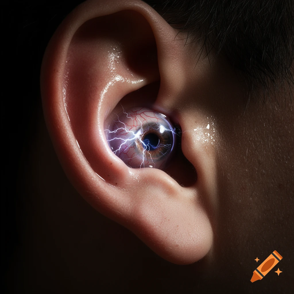 Close-up of a human ear with a bloodshot eye in its concha, surrounded by jagged lightning, hyperrealistic.