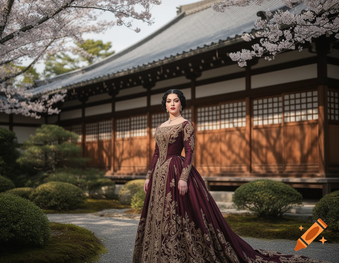 A woman in a maroon and gold embroidered historical gown stands in a Japanese garden with cherry blossoms and a traditional temple.