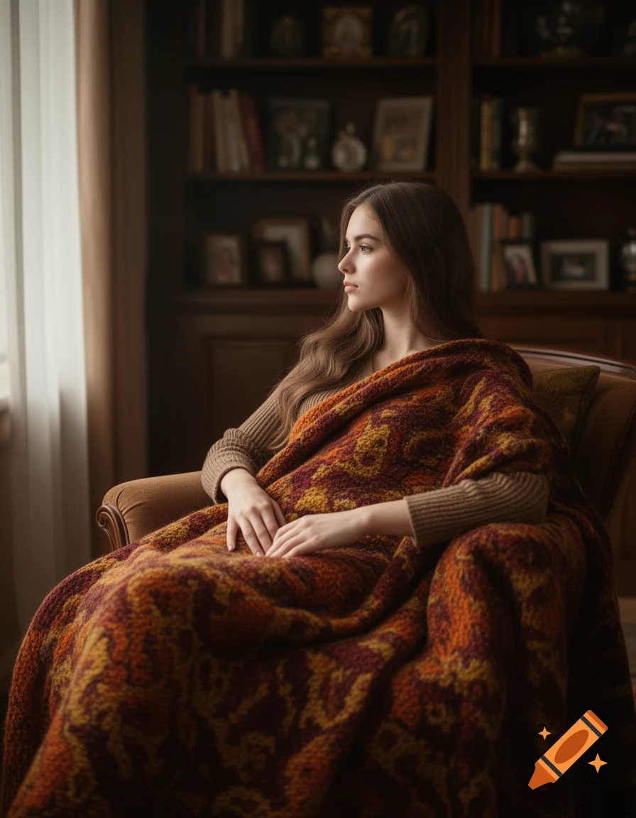 A young lady in a warm, patterned blanket sits in a chair by a window in a photorealistic indoor scene.