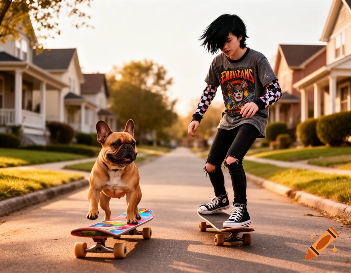 A French bulldog and an emo person skateboarding down a suburban street at sunset. Photorealistic.