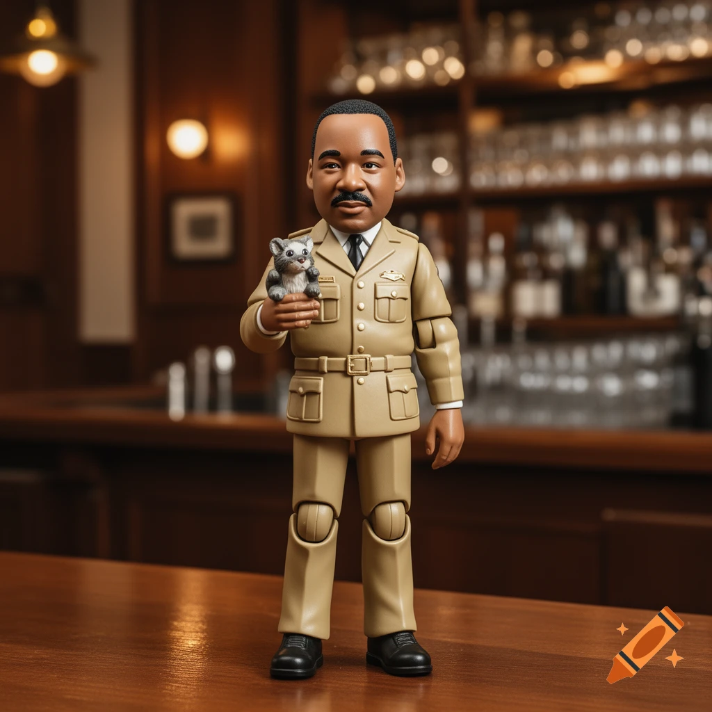 Photorealistic action figure of MLK in a zookeeper uniform, holding a small cat in a modern tavern.