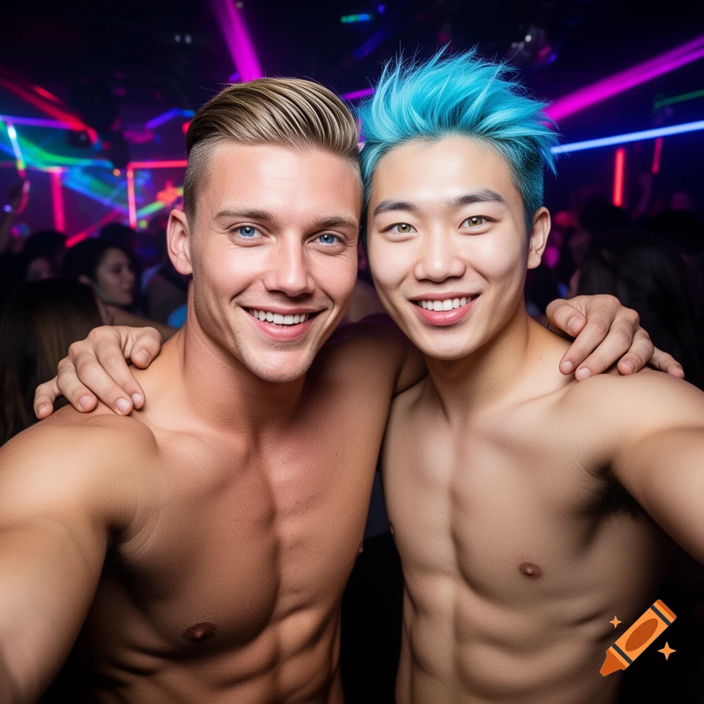 Two smiling shirtless men, one blonde and one with blue hair, embrace in a neon-lit dance club for a selfie.