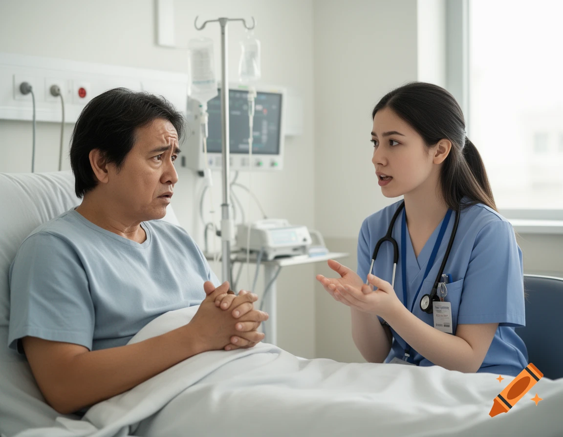 Photorealistic image of a nurse talking to a distressed male patient in a bright hospital room with medical equipment.