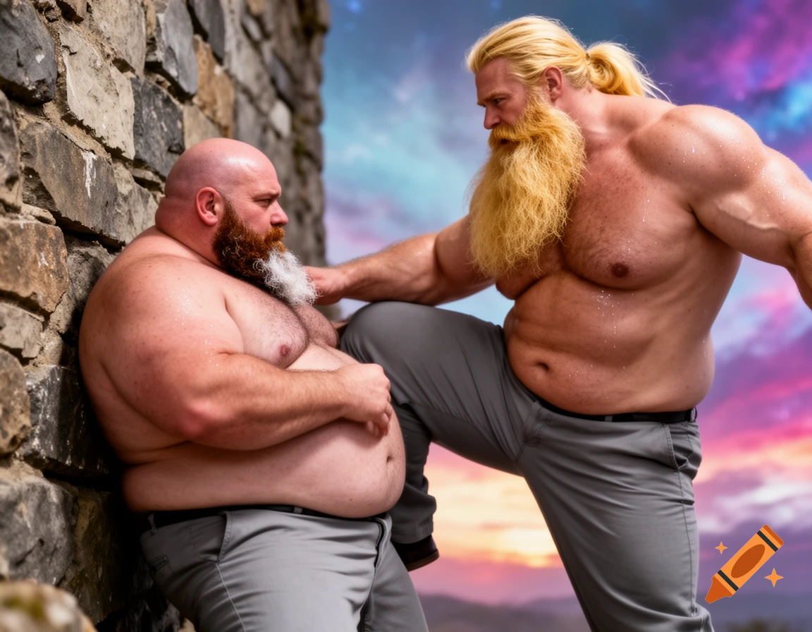 Two shirtless, muscular men during a confrontation. A larger man with blonde hair and beard presses his knee into the stomach of a bald, bearded man leaning against a stone wall under a vibrant sky.