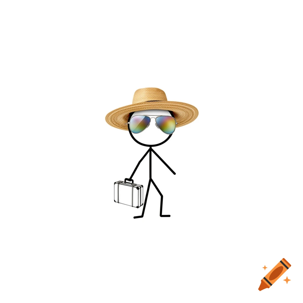 A stick figure wearing a straw hat and aviators, holding a suitcase, on a white background.