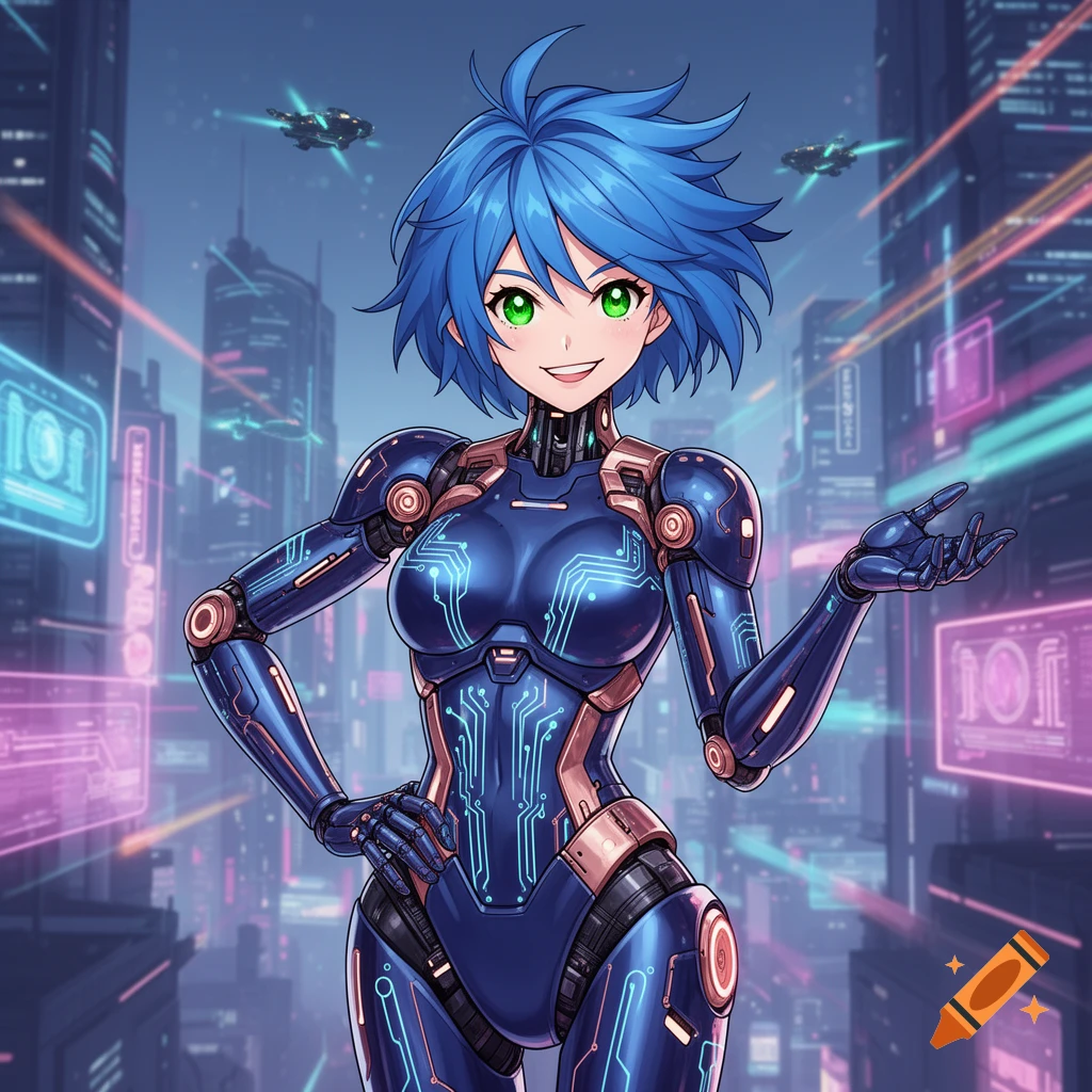 An anime robot girl with blue hair in a dark blue circuit suit smiles in a neon cyberpunk city.