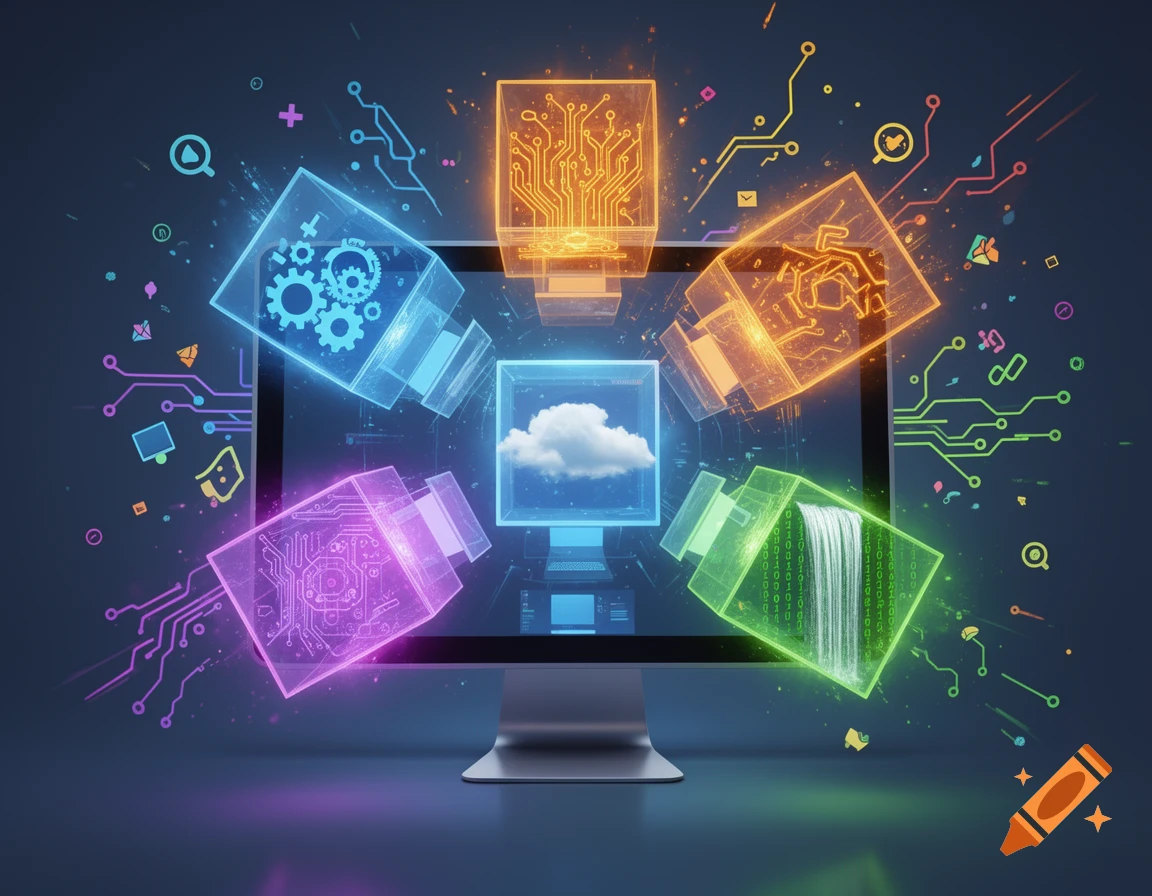 A stylized digital illustration explaining virtualization with a monitor at the center and colorful data streams, circuit boards, gears, and a cloud emerging from it.