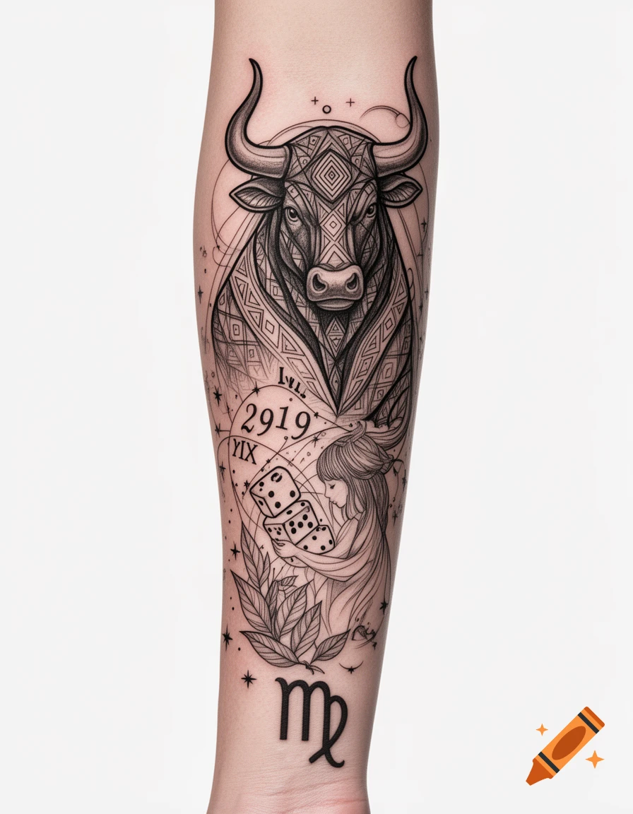 A detailed, mystical black and white forearm tattoo featuring a geometric bull, the numbers 2919, dice, a stylized female figure, leaves, and the Virgo zodiac symbol.