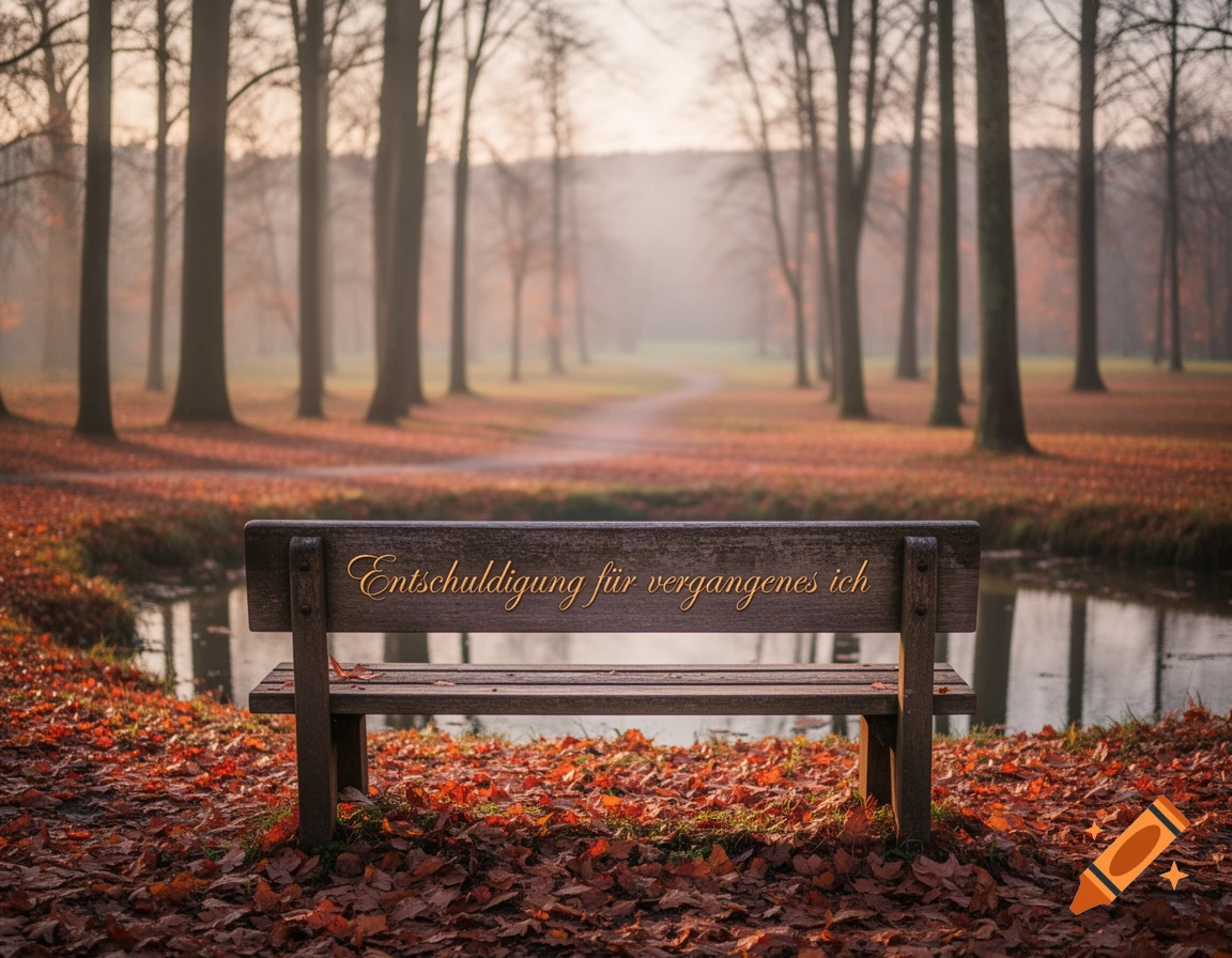 A park bench with 'Entschuldigung f vergangenes ich' inscribed on its back, surrounded by autumn leaves and trees next to a pond in a misty park.