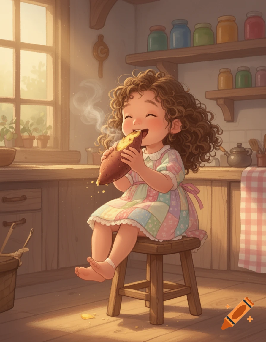 A cheerful illustrated little girl with curly hair sits on a stool in a sunlit kitchen, happily eating a steaming hot sweet potato.
