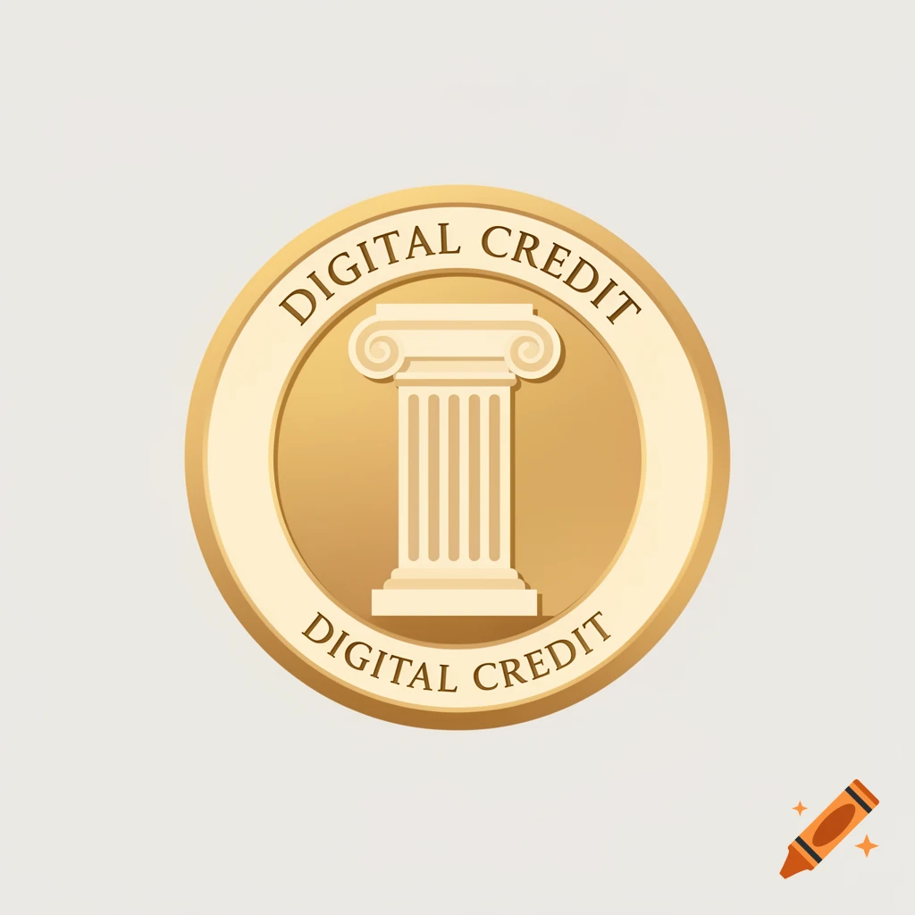 A gold coin emblem with an ancient Greek column and the text 'DIGITAL CREDIT' at the top and bottom.