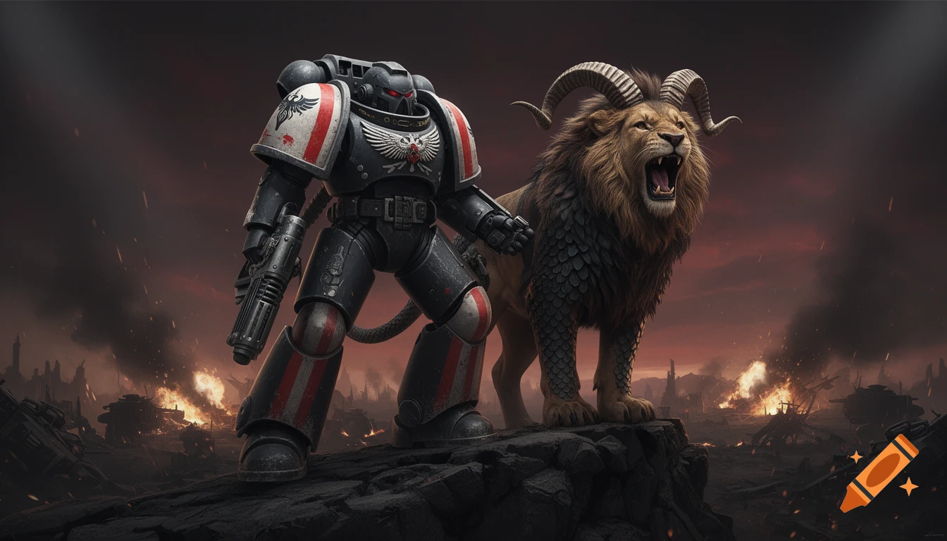 A Space Marine and a horned lion-like creature stand on a rocky outcrop in a war-torn, burning battlefield in a dark, dramatic style.
