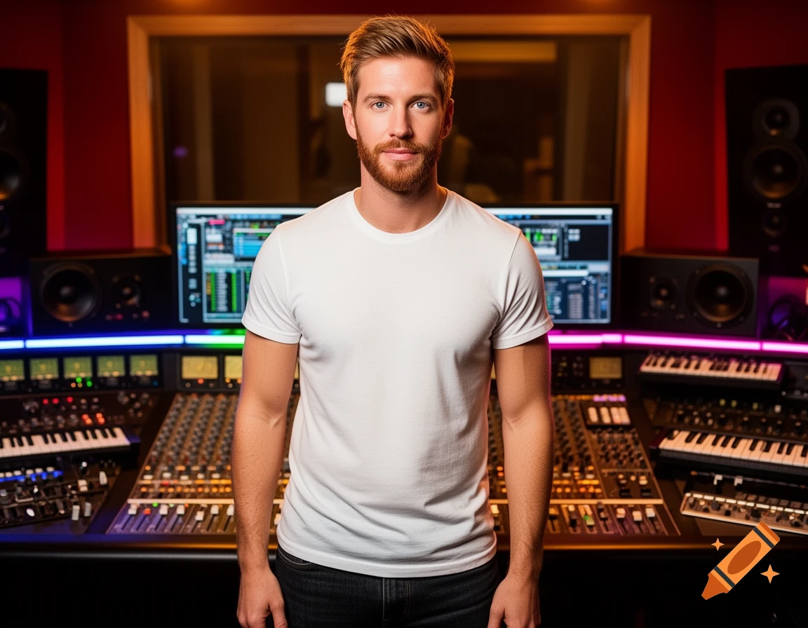 A bearded man in a white t-shirt stands in a modern recording studio with soundboards and monitors.