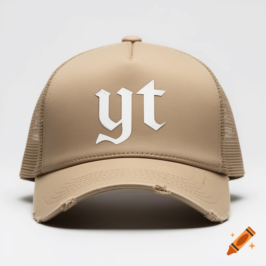 A beige trucker hat with white 'yt' in a stylized font on the front, featuring a distressed brim.