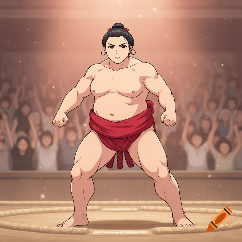 Anime female sumo wrestler in a red mawashi stands in a ring, facing forward with a determined expression, before a blurred crowd.