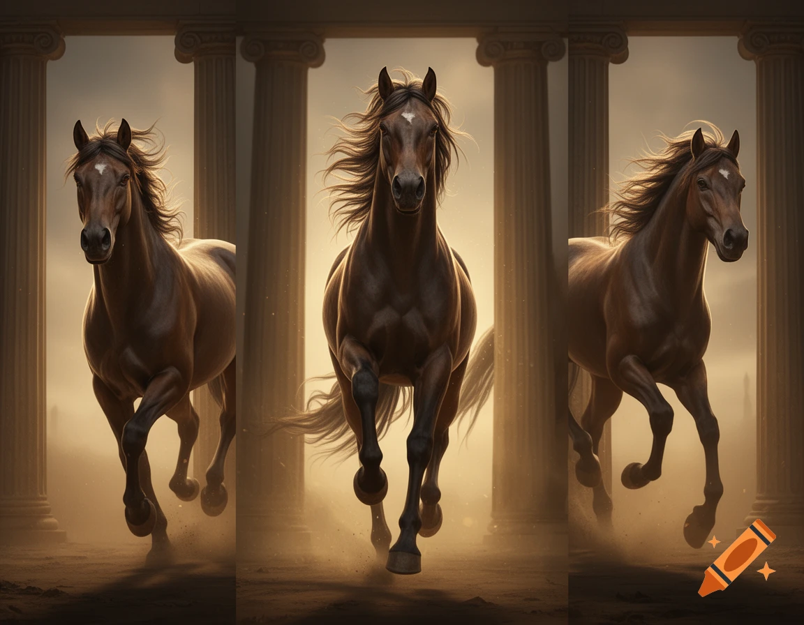 Three brown horses gallop forward between large ancient columns in a dusty, sunlit environment.