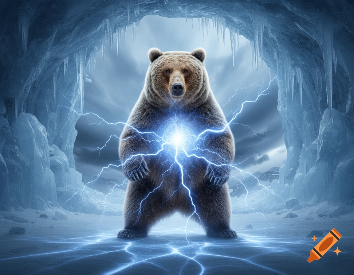 A brown bear stands in an ice cave, glowing with blue lightning radiating from its chest and paws onto the frozen ground.