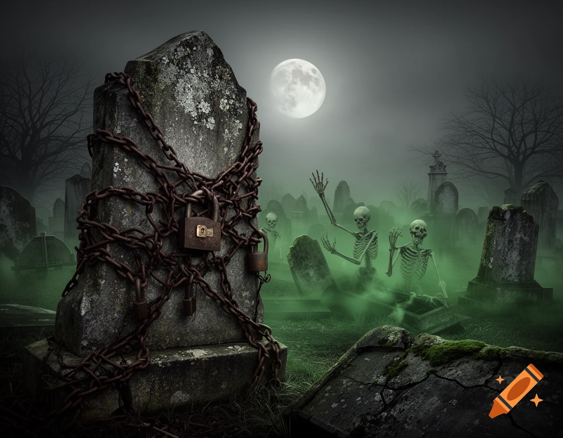 A spooky graveyard scene under a full moon, with a chained and locked tombstone in the foreground and skeletons rising from graves in green misty fog.
