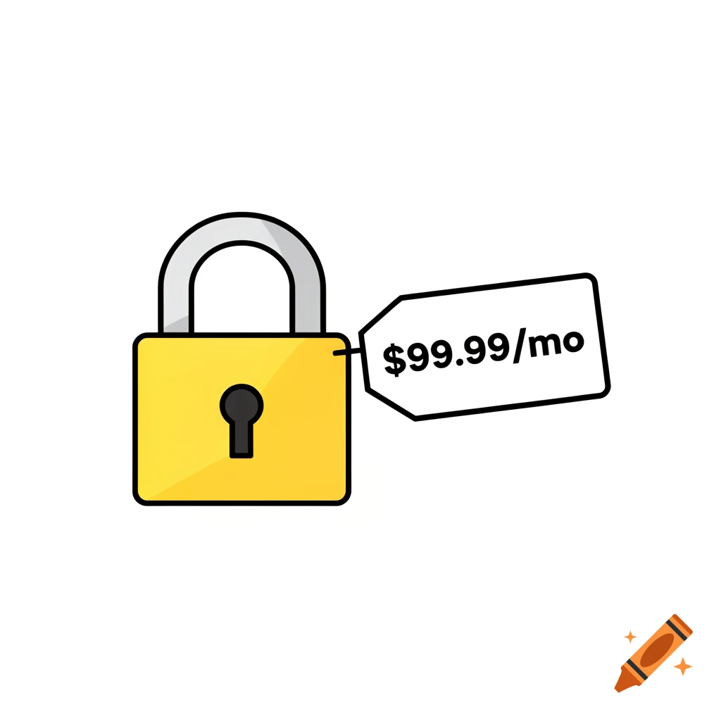 A simple flat icon of a yellow padlock with a price tag showing '$99.99/mo' attached to it.