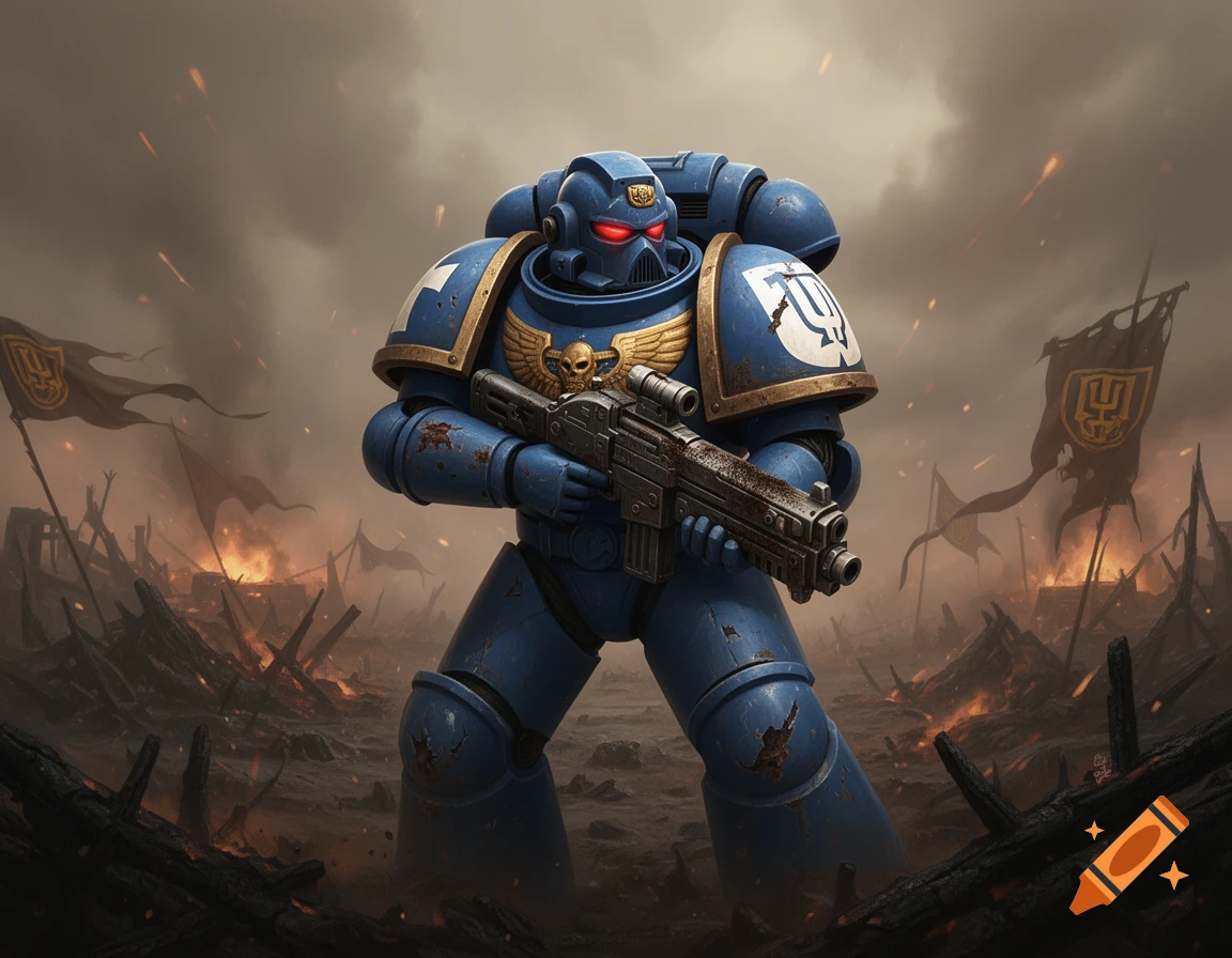 A blue Warhammer Space Marine in a battle-damaged environment, holding a large rifle, with explosions and ruined flags in the background. The art style is realistic.