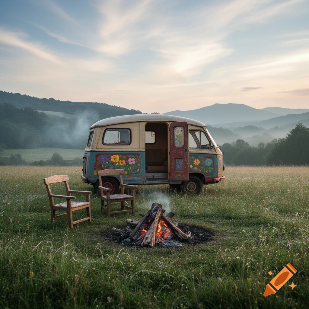 A colorful vintage camper van, two chairs, and a campfire in a misty green field with mountains at dusk.
