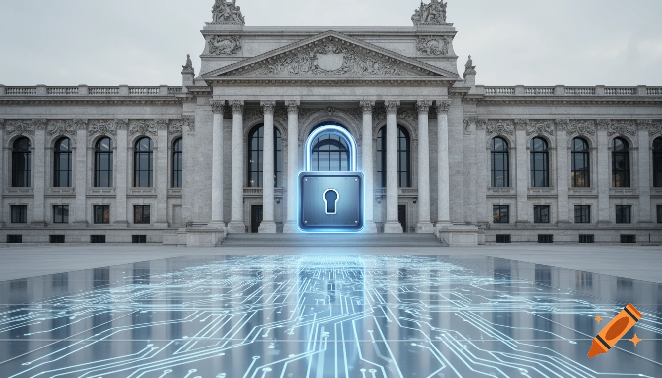 A grand classical parliament building with a glowing blue digital lock at its entrance, reflecting a circuit board pattern on the ground.