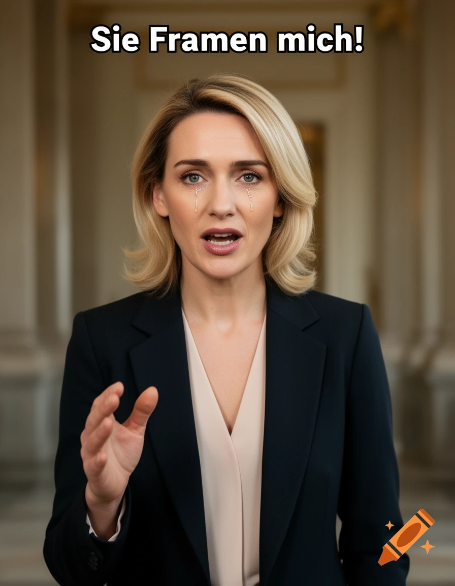 A crying blonde woman in a dark suit with a light blouse speaks, raising her left hand slightly, with the German text "Sie Framen mich!" in white text with a black outline overlaid above her head.