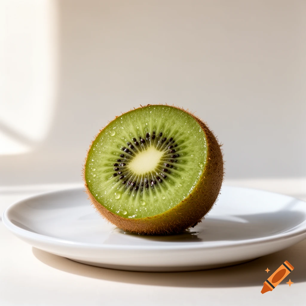 A half-sliced kiwi fruit with water droplets rests on a white plate against a bright, plain background.