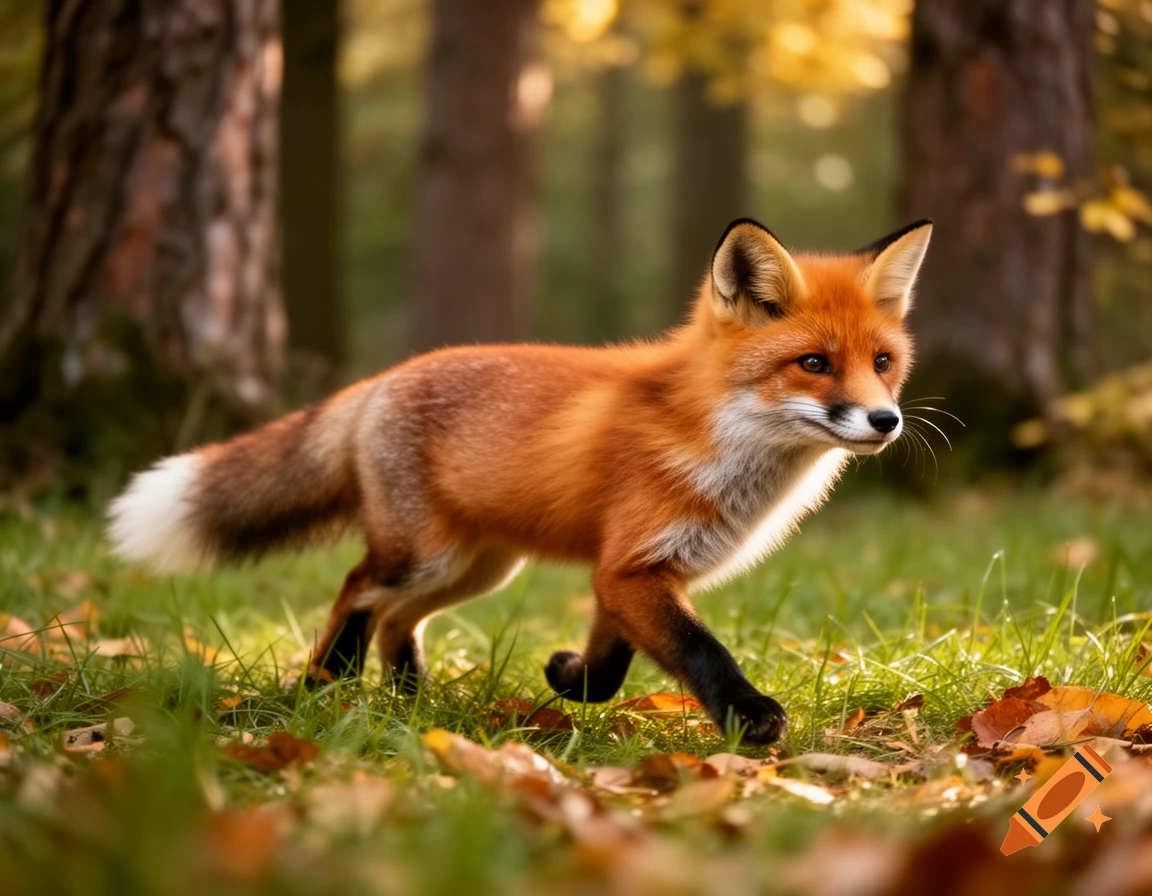 A photorealistic red fox with a white-tipped tail walks through an autumn forest with fallen leaves and tall trees.