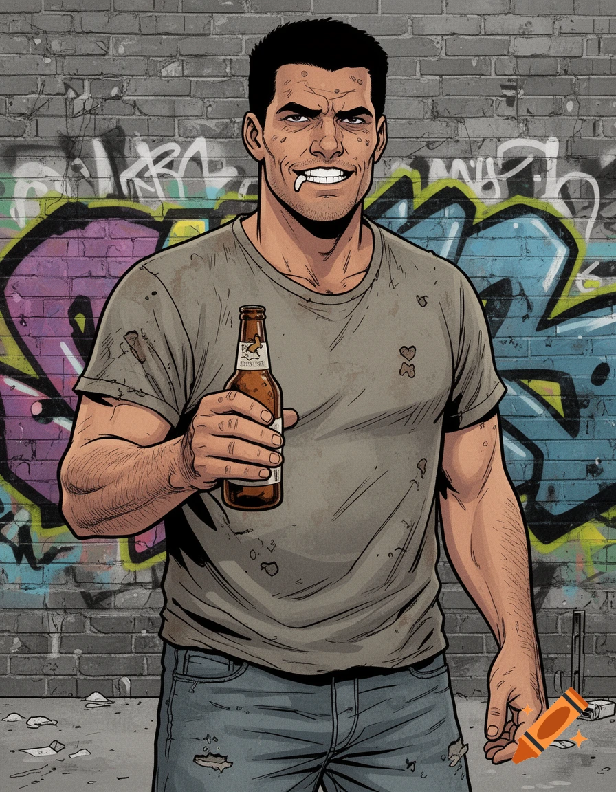 Comic art illustration of a rugged man with short dark hair, missing a front tooth, and drooling, holding a beer bottle against a graffiti brick wall.