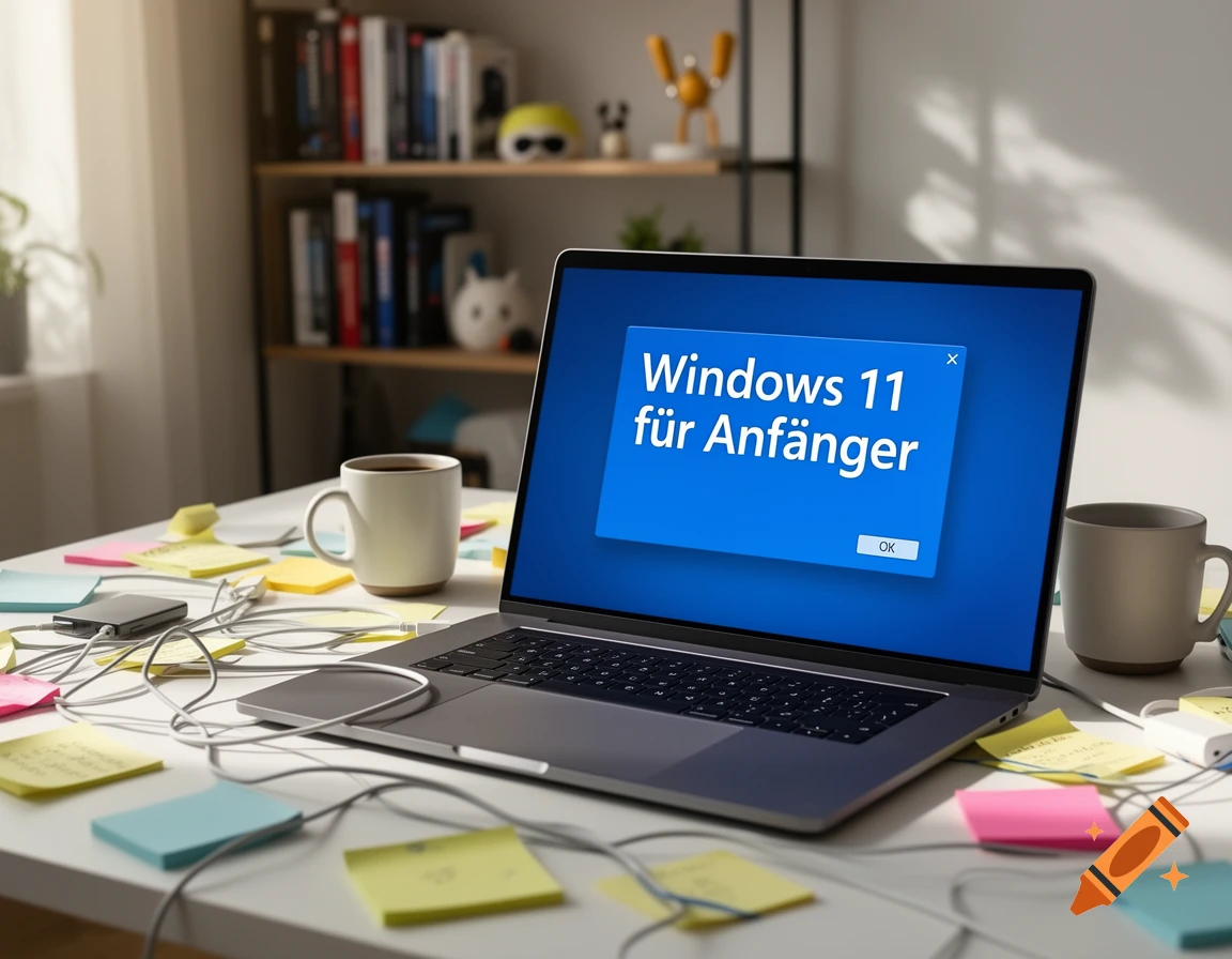 Photorealistic image of a laptop on a cluttered desk, displaying a blue popup window titled 'Windows 11 f r Anf nger'.