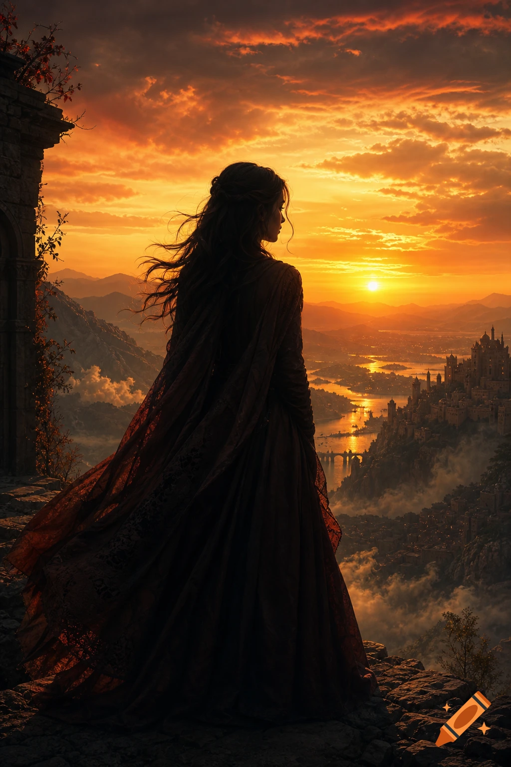 A woman in a dark flowing gown stands on a cliff, silhouetted against a vibrant orange sunset over a sprawling fantasy city and river.