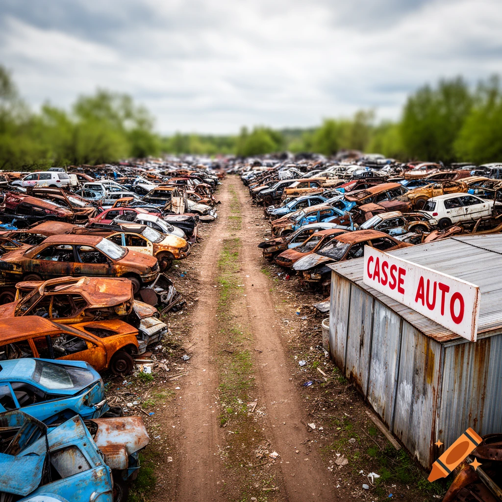 A wide view of a car junkyard with rows of rusted, dilapidated cars on either side of a dirt path. A sign reads "CASSE AUTO".