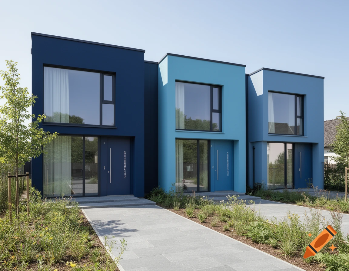 Three modern houses with blue and light blue facades, large windows, and a landscaped front yard with a paved path.