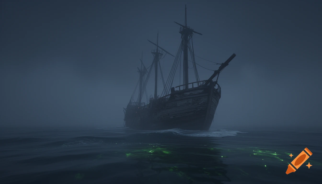 A derelict schooner floats through a dark, hazy, and misty ocean with glowing green elements in the water.