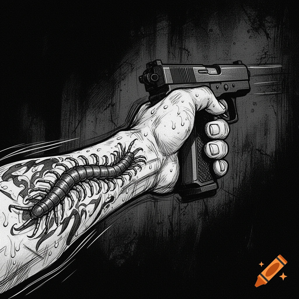 A gritty black and white manga-style illustration of a trembling hand holding a handgun, with a centipede crawling on the arm.