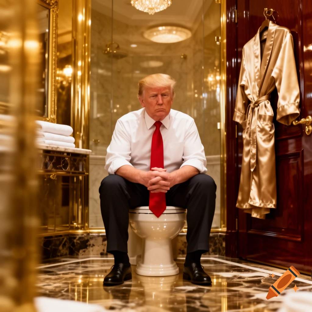 Donald Trump sits on a toilet in a luxurious, gold-accented bathroom, looking directly at the viewer with a stern expression, photorealistic.