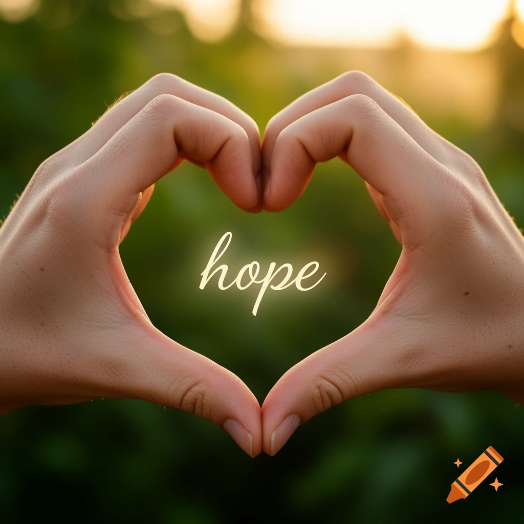 Two hands form a heart shape with the word 'hope' glowing in the center, against a warm, blurry natural background.