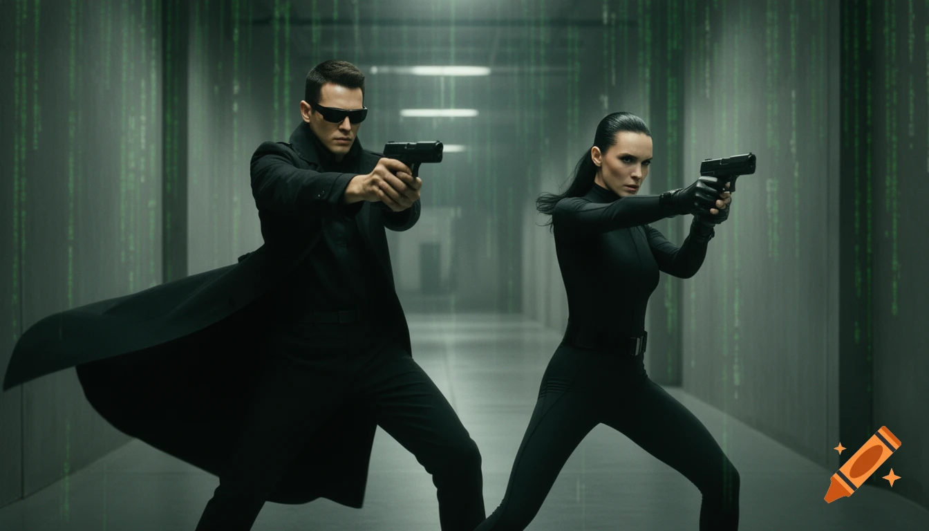 A man and woman resembling Neo and Trinity aim guns in a photorealistic Matrix-style setting with green digital rain.