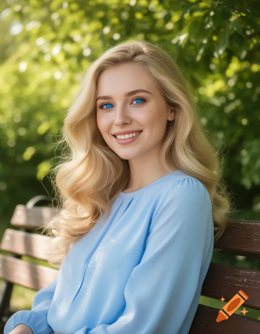 A smiling blonde woman with striking blue eyes, wearing a light blue top, sitting on a park bench amidst green foliage.