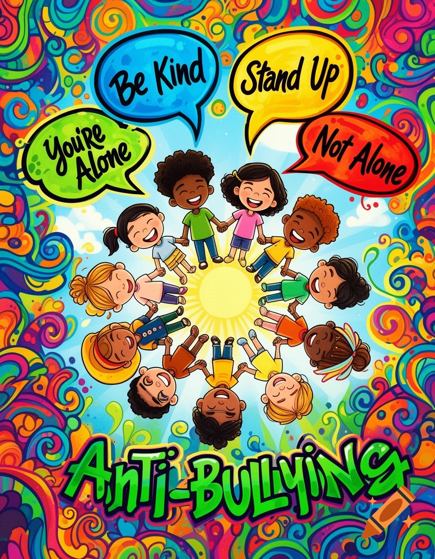 Bright, cartoon anti-bullying poster with diverse children holding hands in a circle, surrounded by speech bubbles and colorful swirls.
