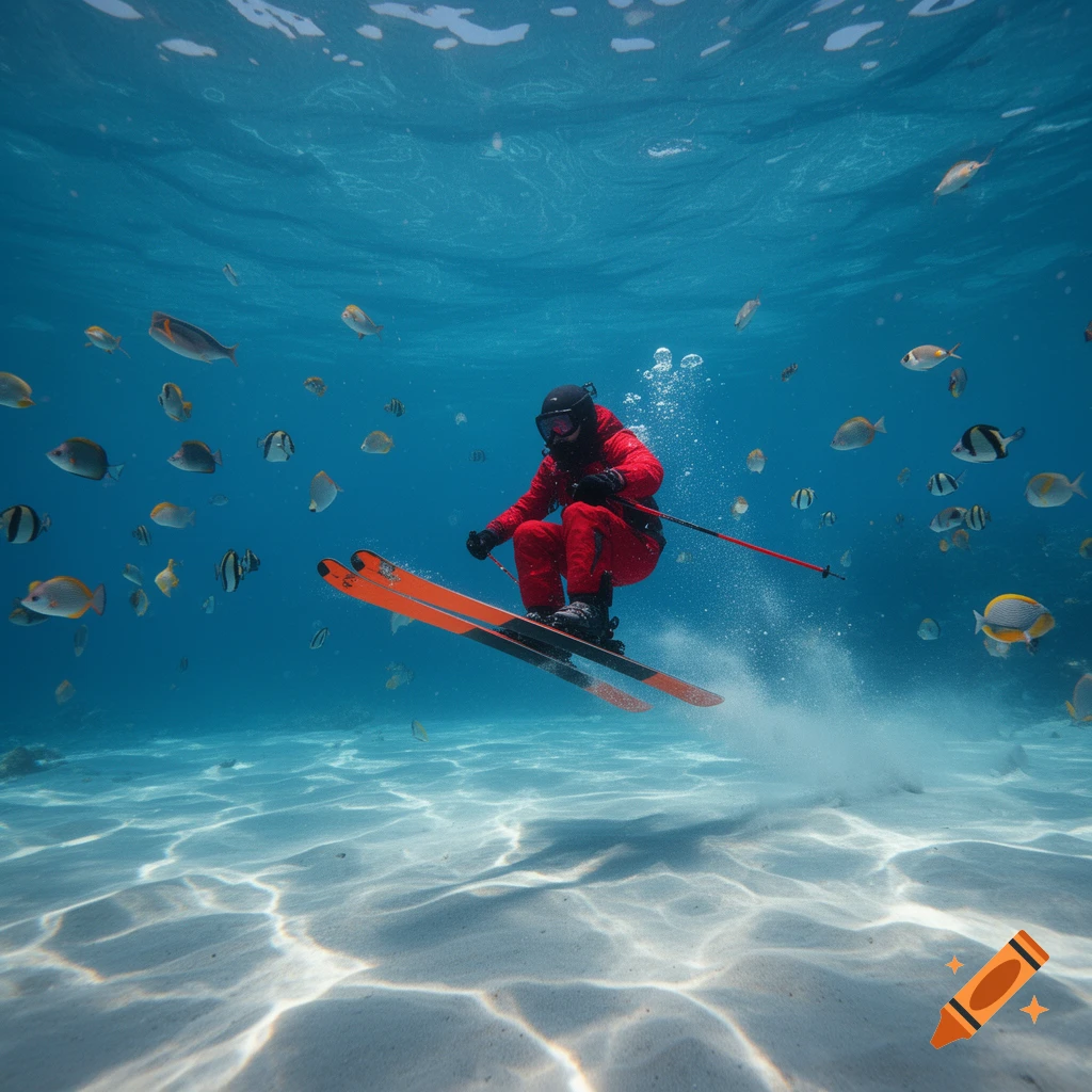 A person in a red suit and goggles skis underwater, kicking up sand among colorful fish, with sunlight dappling the seafloor.