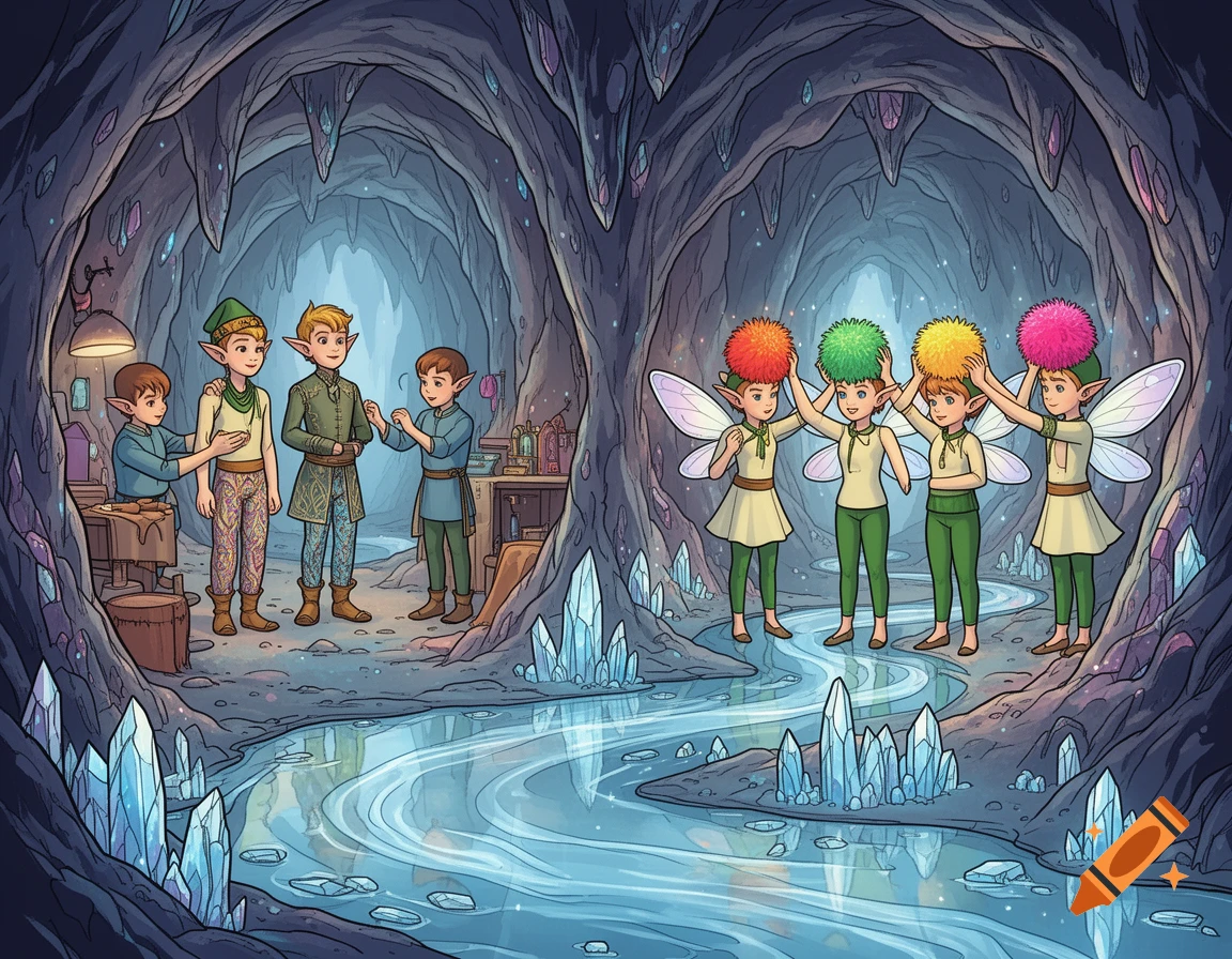 Cartoon illustration of elves in a crystal cave. Tailors dress male elves on the left; female elves with pom-pom hats stand by a glowing river.