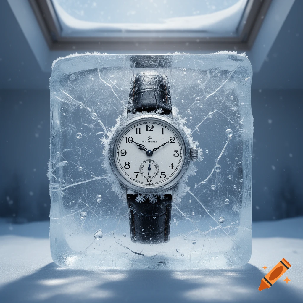 A vintage-style wristwatch with a black leather band is perfectly encased in a clear block of ice, sitting on a snowy surface under a skylight. The watch face shows legible numbers and a brand name, while snowflakes adorn the ice.