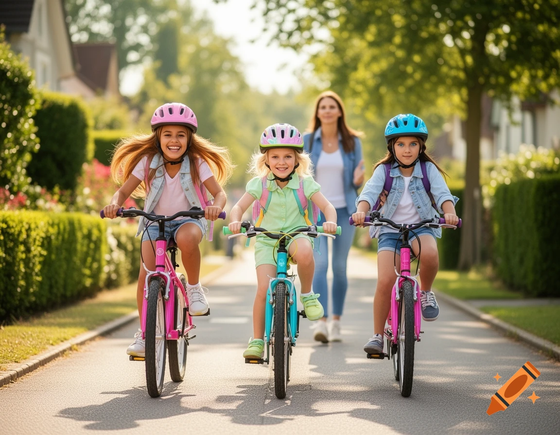 Three happy girls in colorful helmets ride bicycles on a sunny residential street, with a woman walking in the background. Photorealistic.