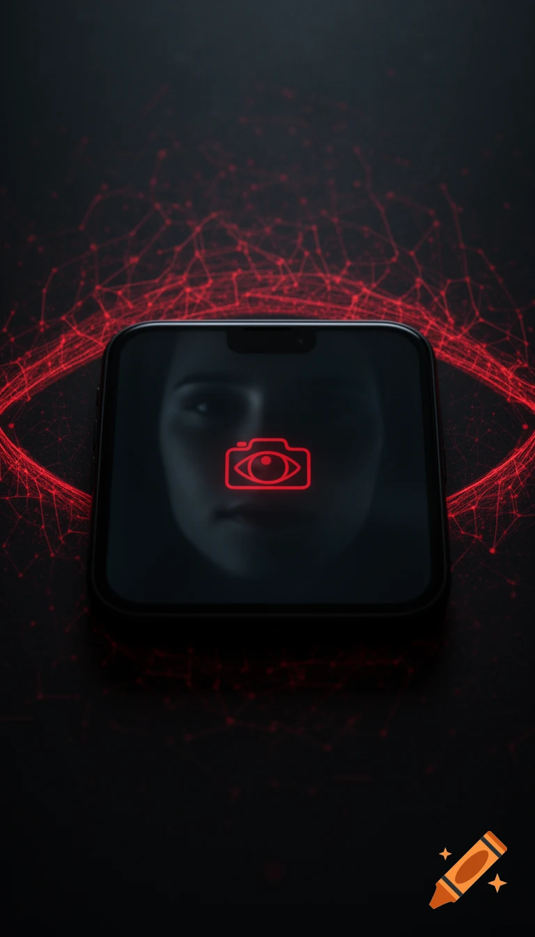 A smartphone displays a red camera-eye icon and a subtle face reflection against a dark background with glowing red neural network patterns forming an eye.