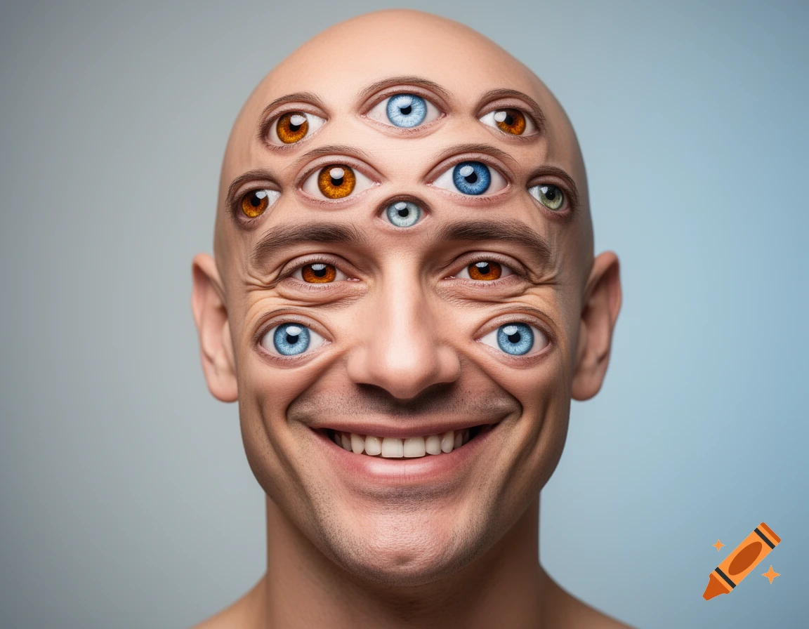 Close-up of a smiling bald man with many eyes of varying colors on his face and forehead, looking directly ahead.